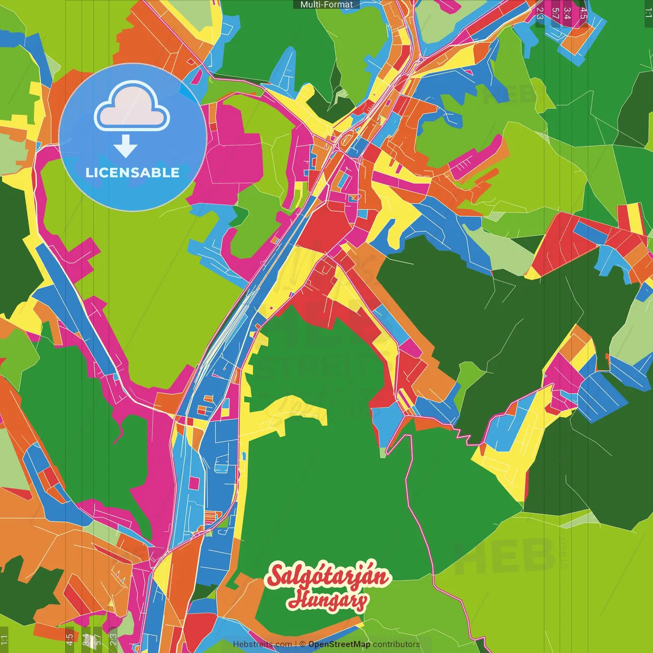 Salgótarján, Nógrád, Hungary Crazy Colorful Street Map Poster Template