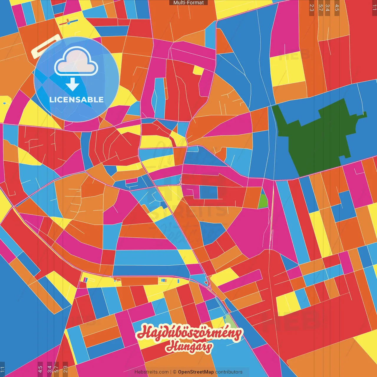 Hajdúböszörmény, Hajdú-Bihar, Hungary Crazy Colorful Street Map Poster Template