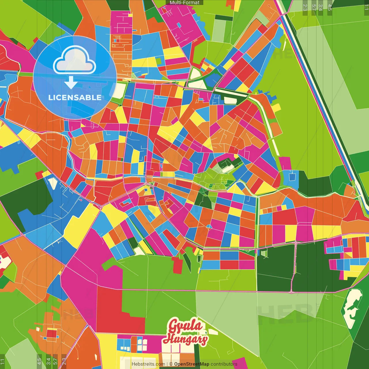 Gyula, Békés, Hungary Crazy Colorful Street Map Poster Template