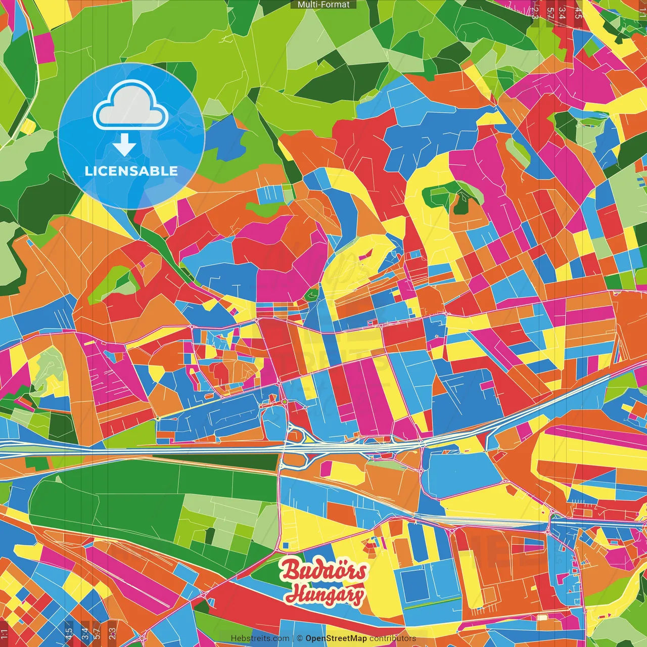 Budaörs, Pest, Hungary Crazy Colorful Street Map Poster Template