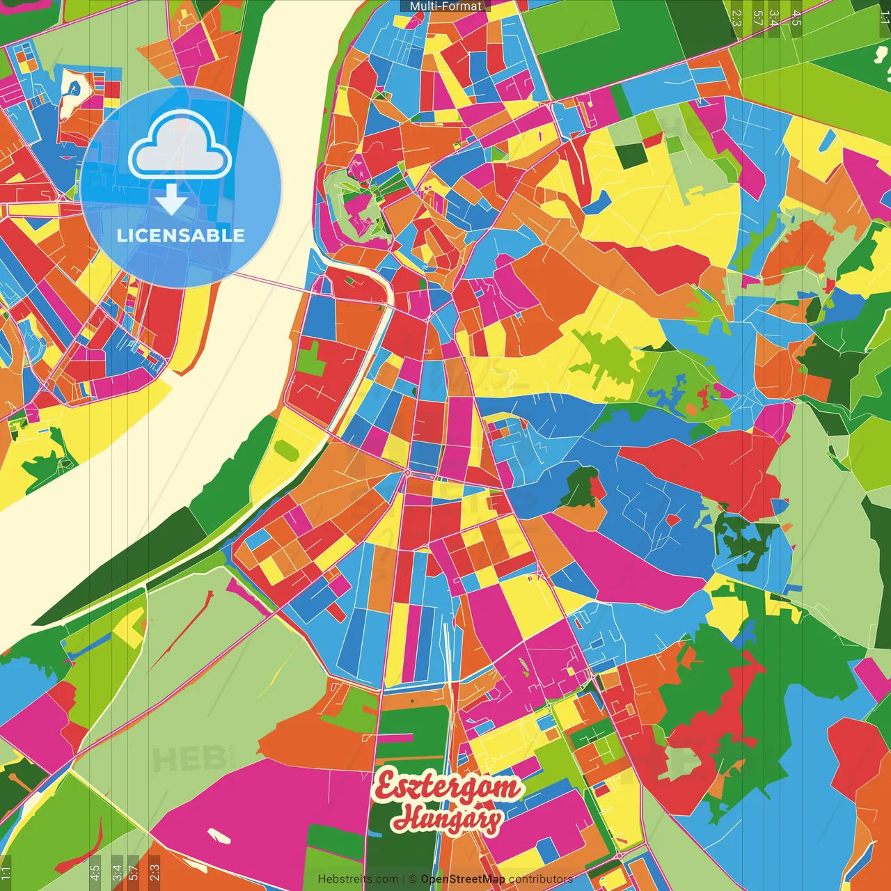 Esztergom, Komárom-Esztergom, Hungary Crazy Colorful Street Map Poster Template
