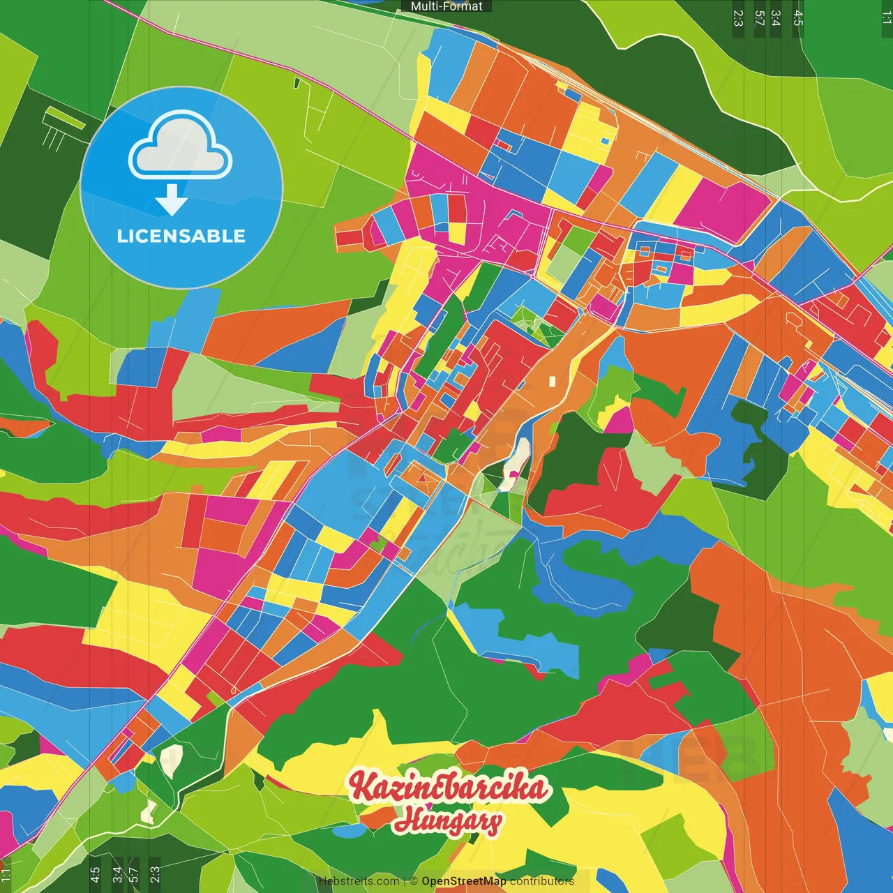 Kazincbarcika, Borsod-Abaúj-Zemplén, Hungary Crazy Colorful Street Map Poster Template