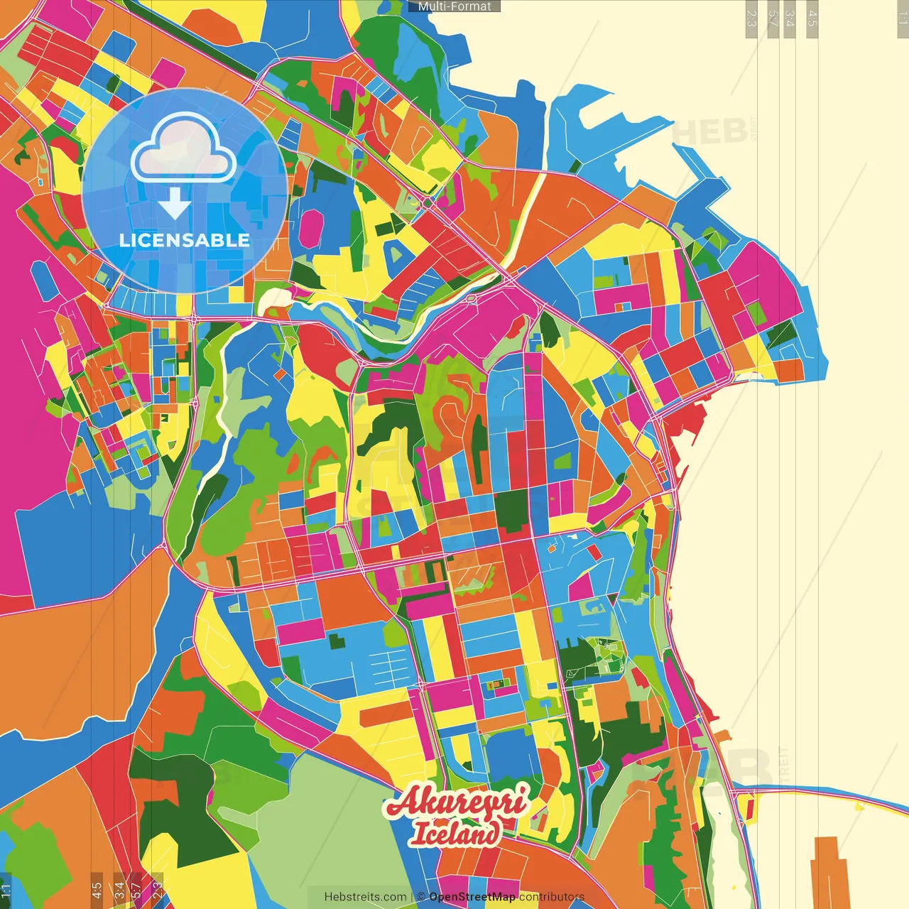 Akureyri, Akureyri, Iceland Crazy Colorful Street Map Poster Template