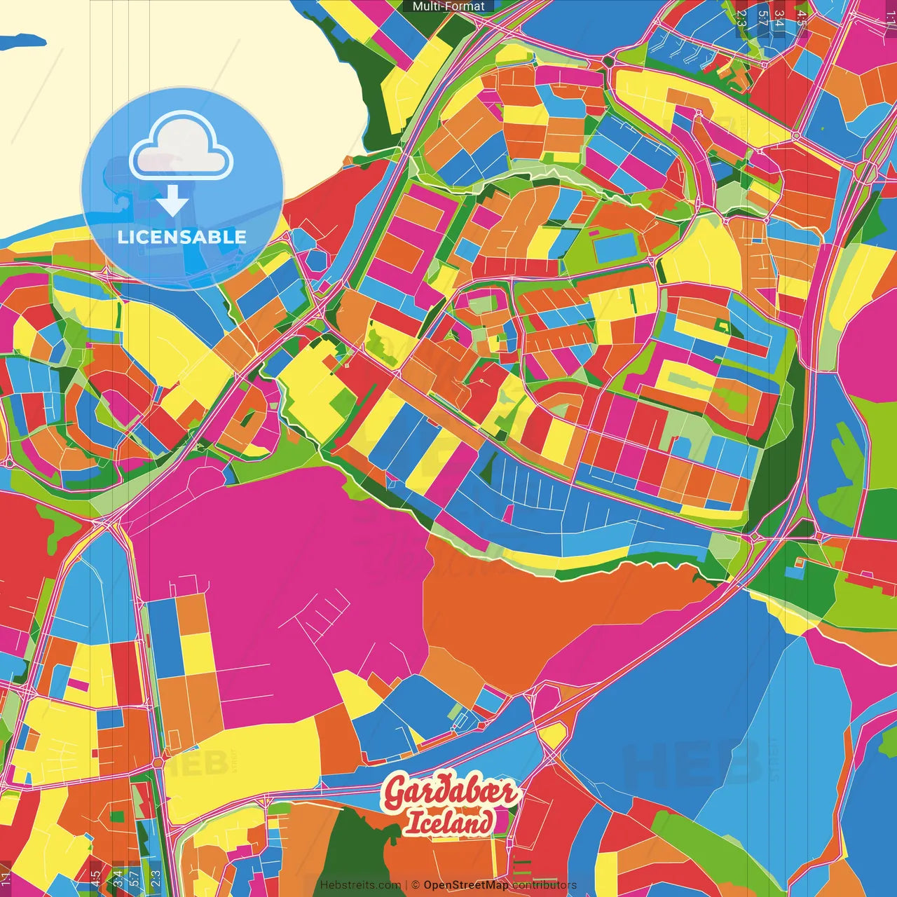 Garðabær, Garðabær, Iceland Crazy Colorful Street Map Poster Template