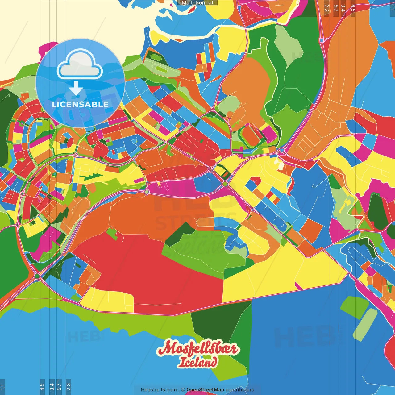 Mosfellsbær, Mosfellsbær, Iceland Crazy Colorful Street Map Poster Template