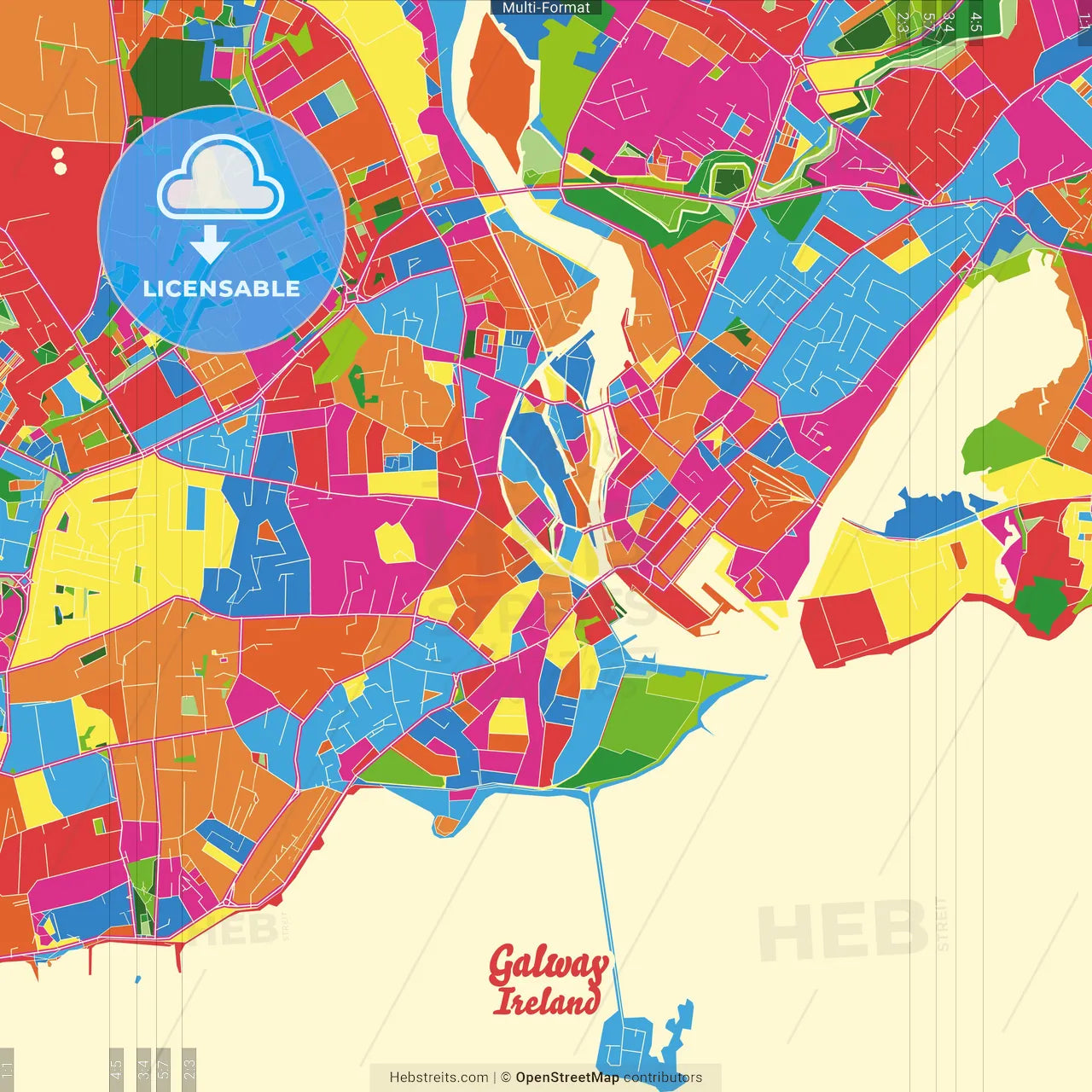 Galway, County Galway, Ireland Crazy Colorful Street Map Poster Template