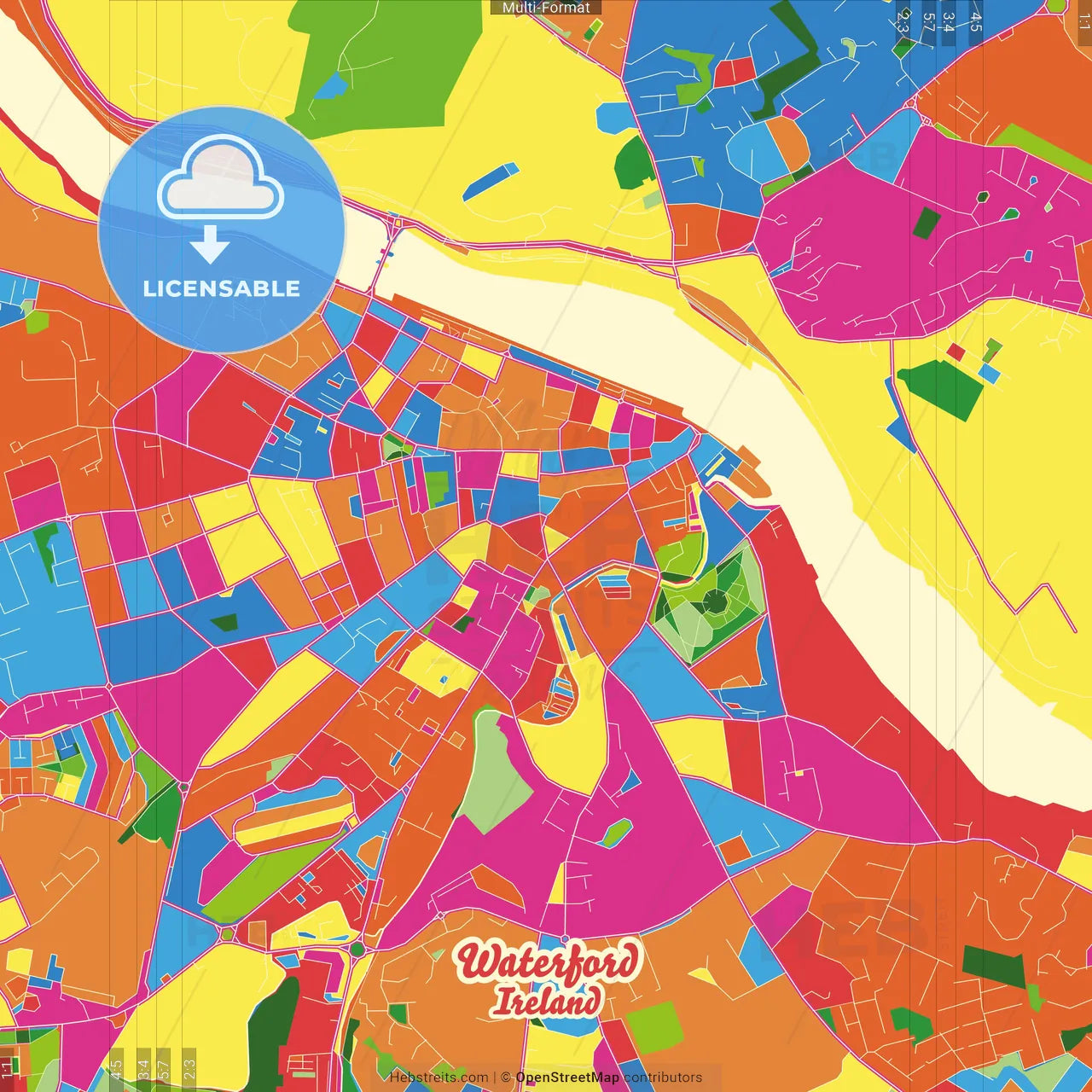 Waterford, County Waterford & County Kilkenny, Ireland Crazy Colorful Street Map Poster Template