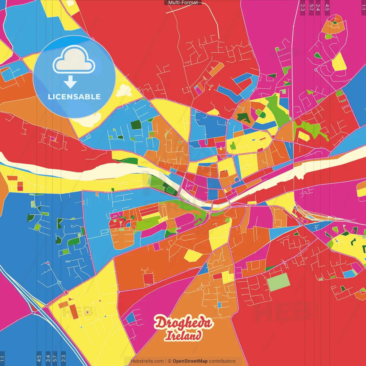Drogheda, County Louth & County Meath, Ireland Crazy Colorful Street Map Poster Template