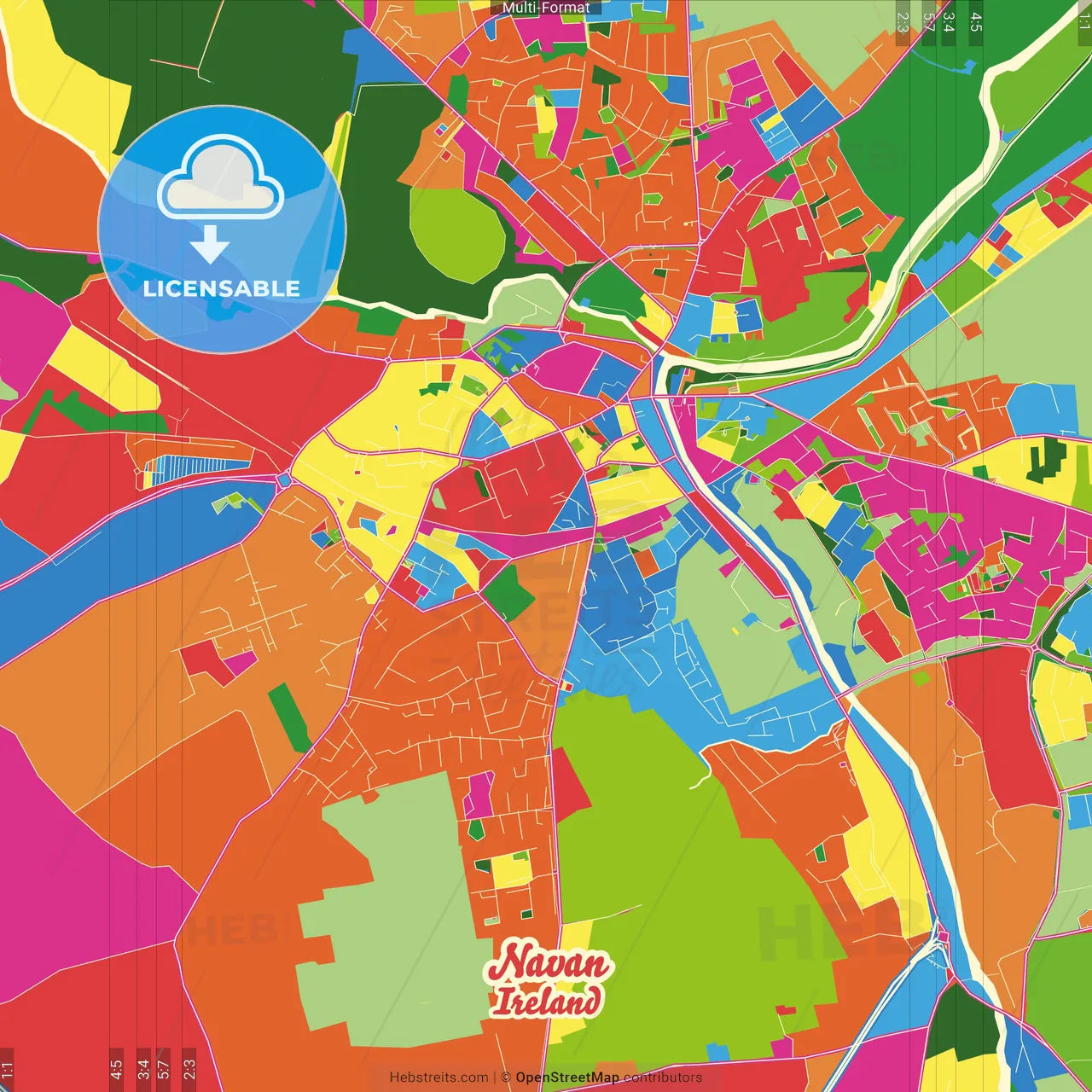 Navan, County Meath, Ireland Crazy Colorful Street Map Poster Template