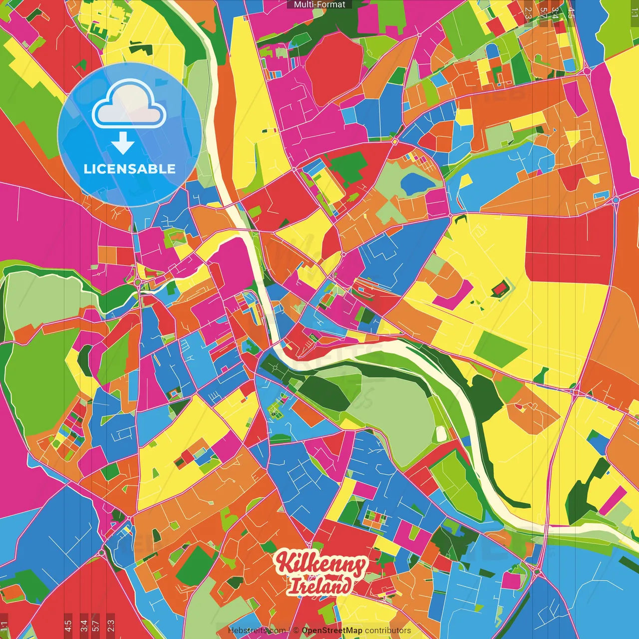 Kilkenny, County Kilkenny, Ireland Crazy Colorful Street Map Poster Template