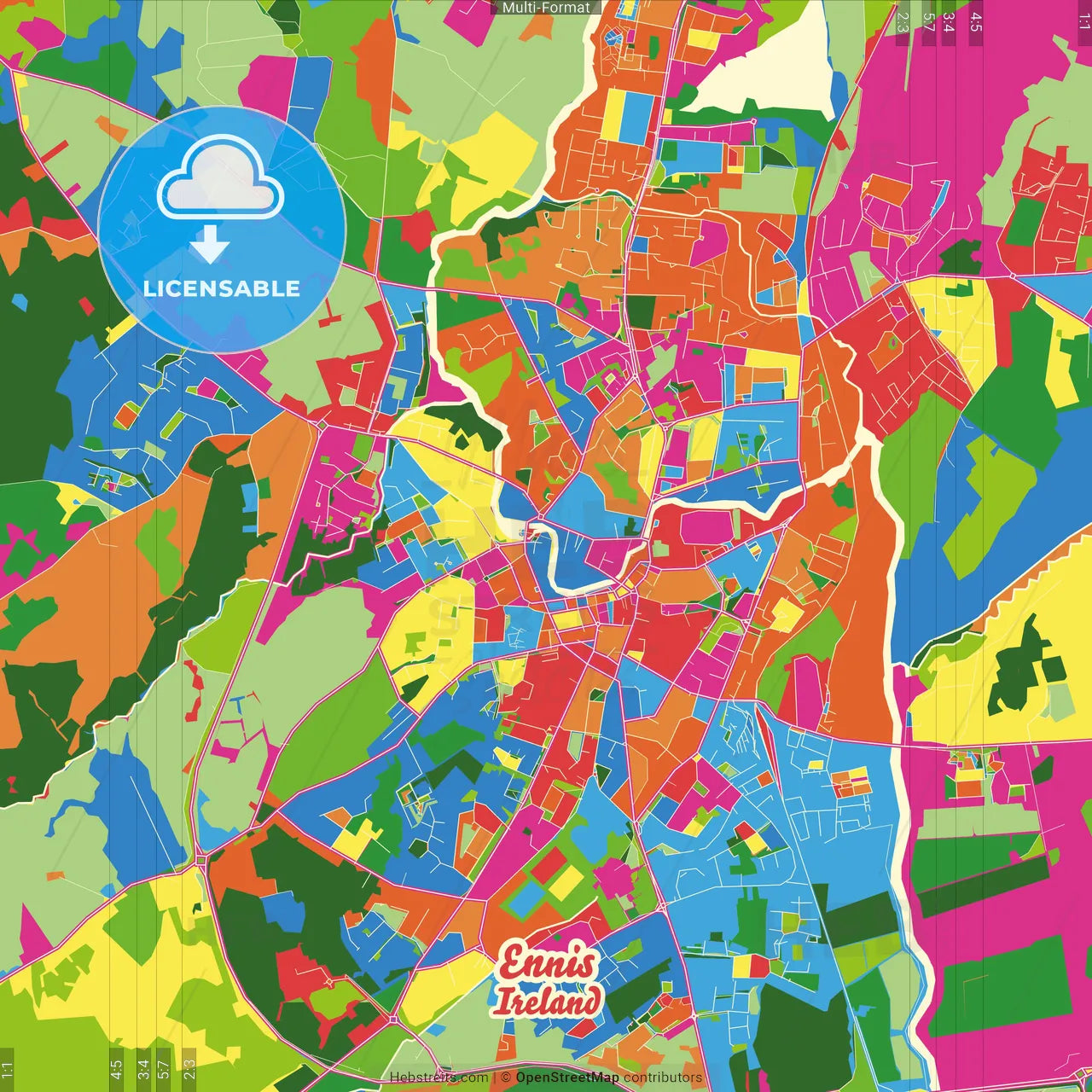 Ennis, County Clare, Ireland Crazy Colorful Street Map Poster Template