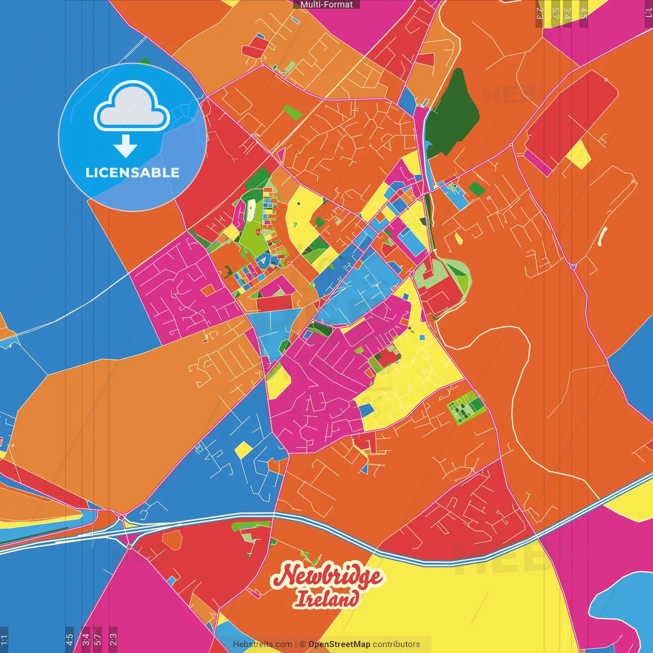 Newbridge, County Kildare, Ireland Crazy Colorful Street Map Poster Template