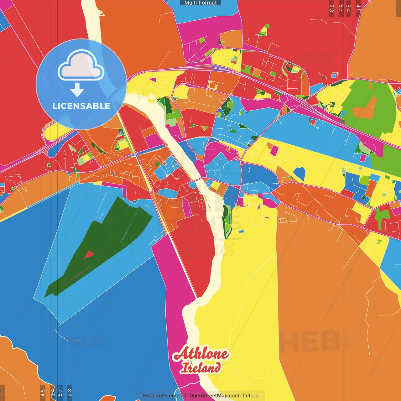 Athlone, County Westmeath & County Roscommon, Ireland Crazy Colorful Street Map Poster Template