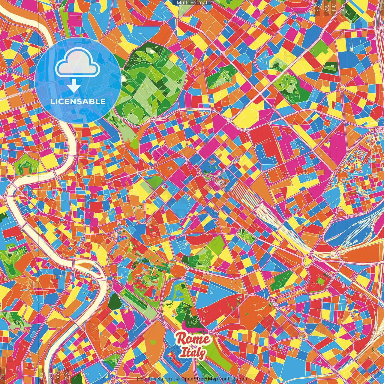 Rome, Lazio, Italy Crazy Colorful Street Map Poster Template