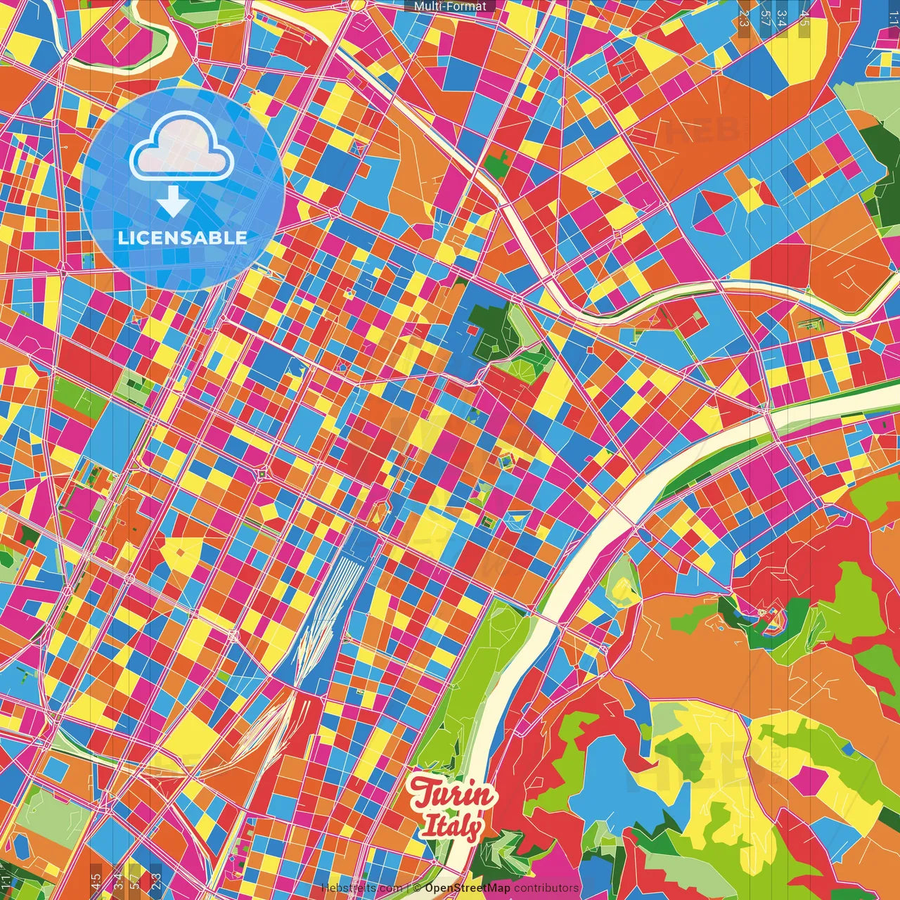 Turin, Piedmont, Italy Crazy Colorful Street Map Poster Template