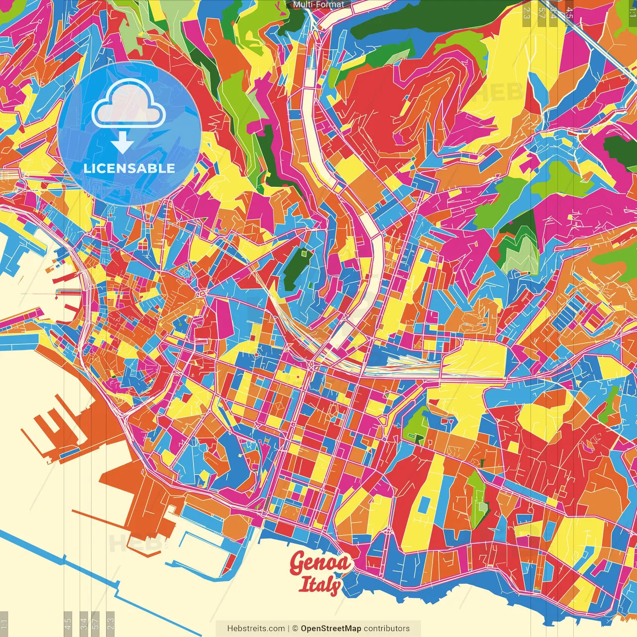 Genoa, Liguria, Italy Crazy Colorful Street Map Poster Template