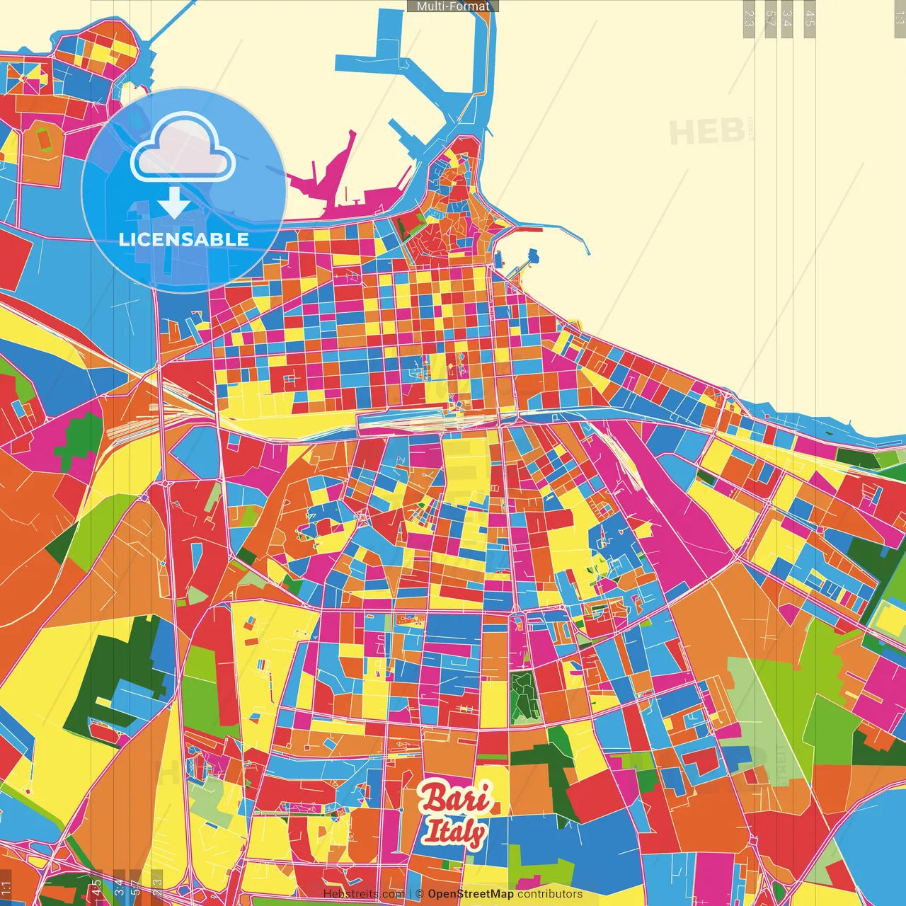 Bari, Apulia, Italy Crazy Colorful Street Map Poster Template
