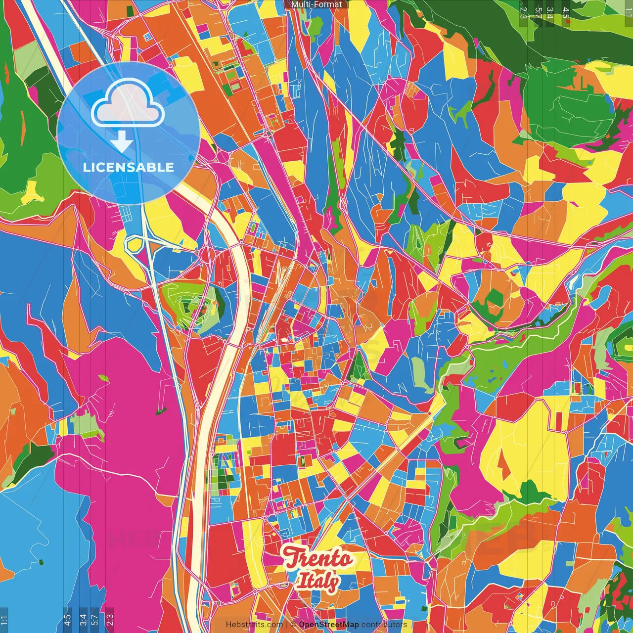 Trento, Trentino-Alto Adige/Südtirol, Italy Crazy Colorful Street Map Poster Template