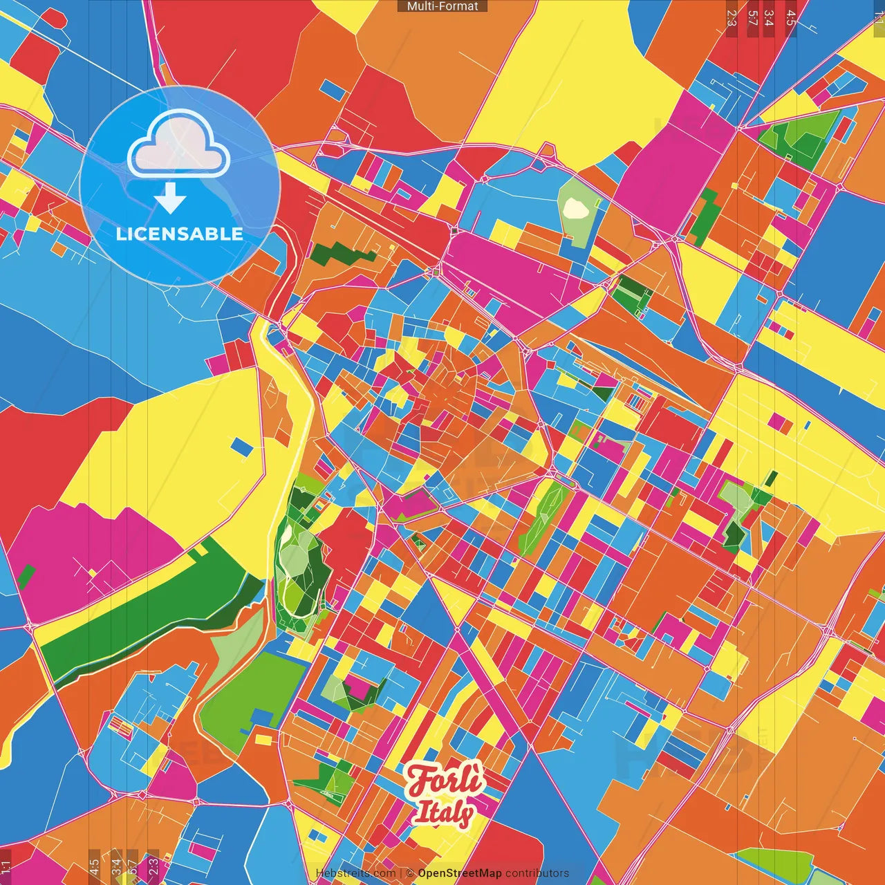 Forlì, Emilia-Romagna, Italy Crazy Colorful Street Map Poster Template