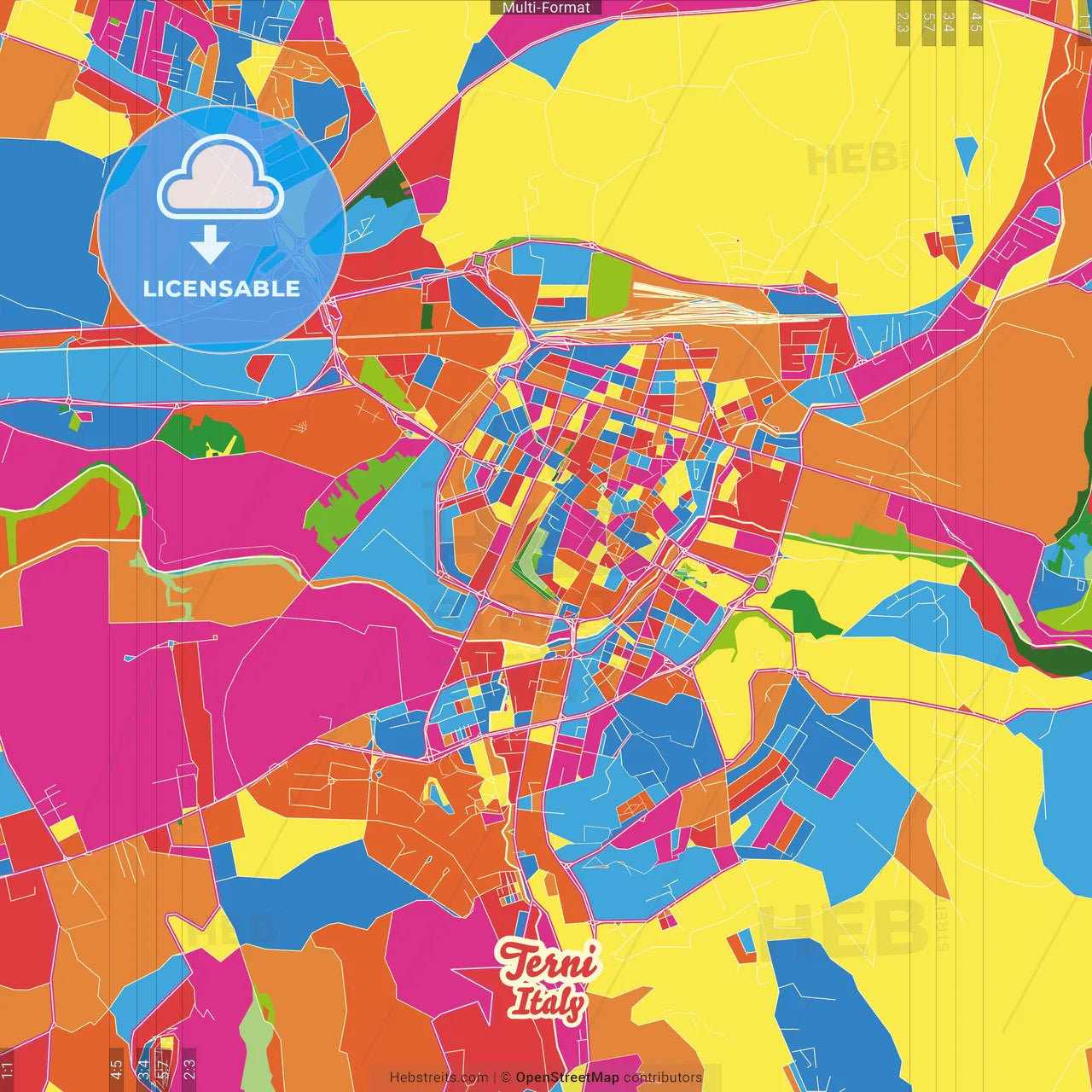 Terni, Umbria, Italy Crazy Colorful Street Map Poster Template