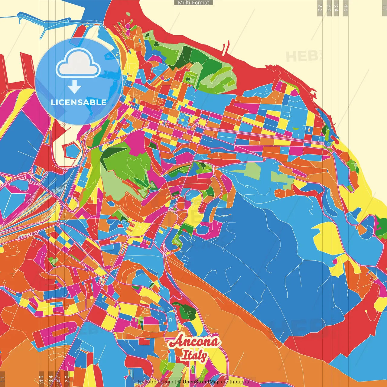 Ancona, Marche, Italy Crazy Colorful Street Map Poster Template