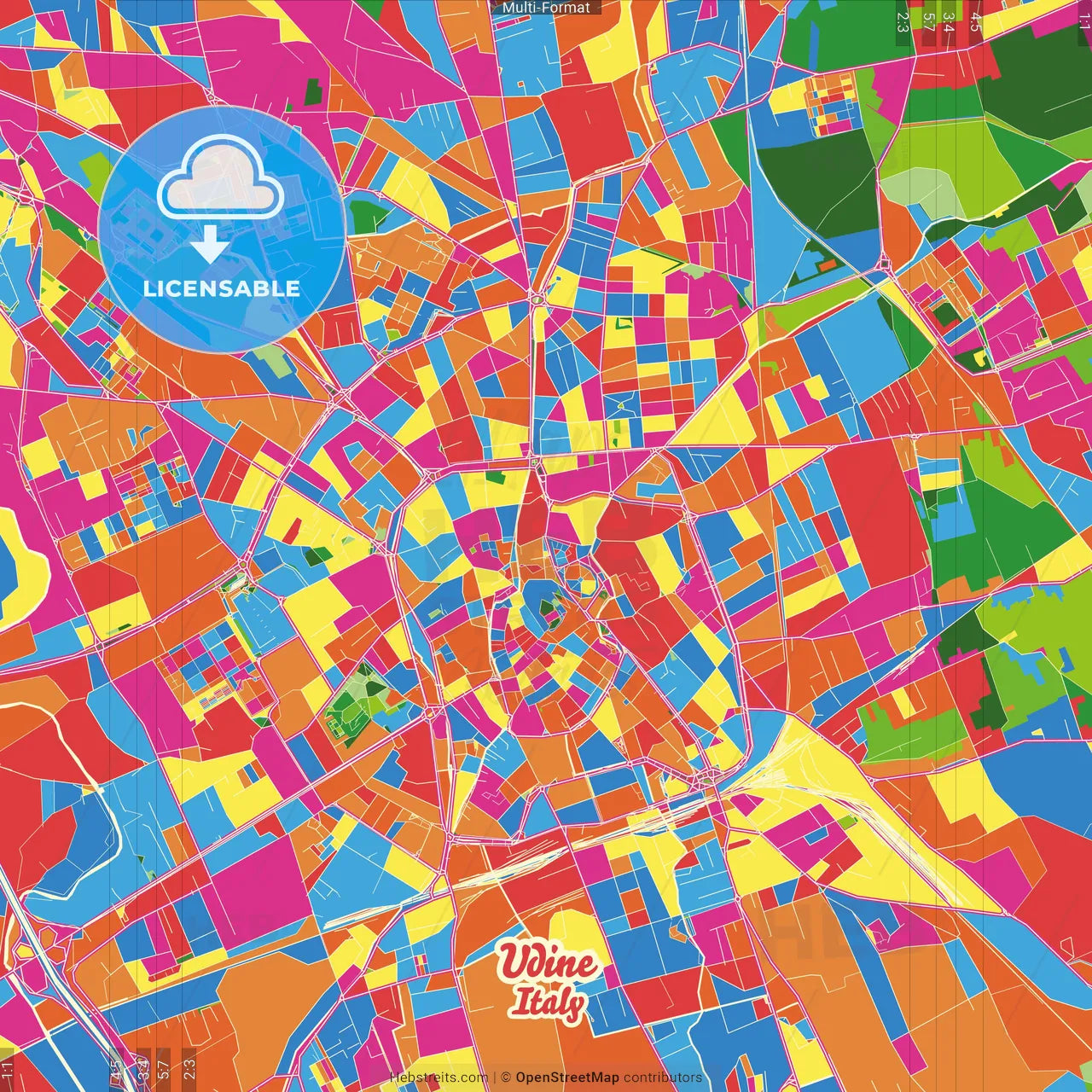 Udine, Friuli-Venezia Giulia, Italy Crazy Colorful Street Map Poster Template