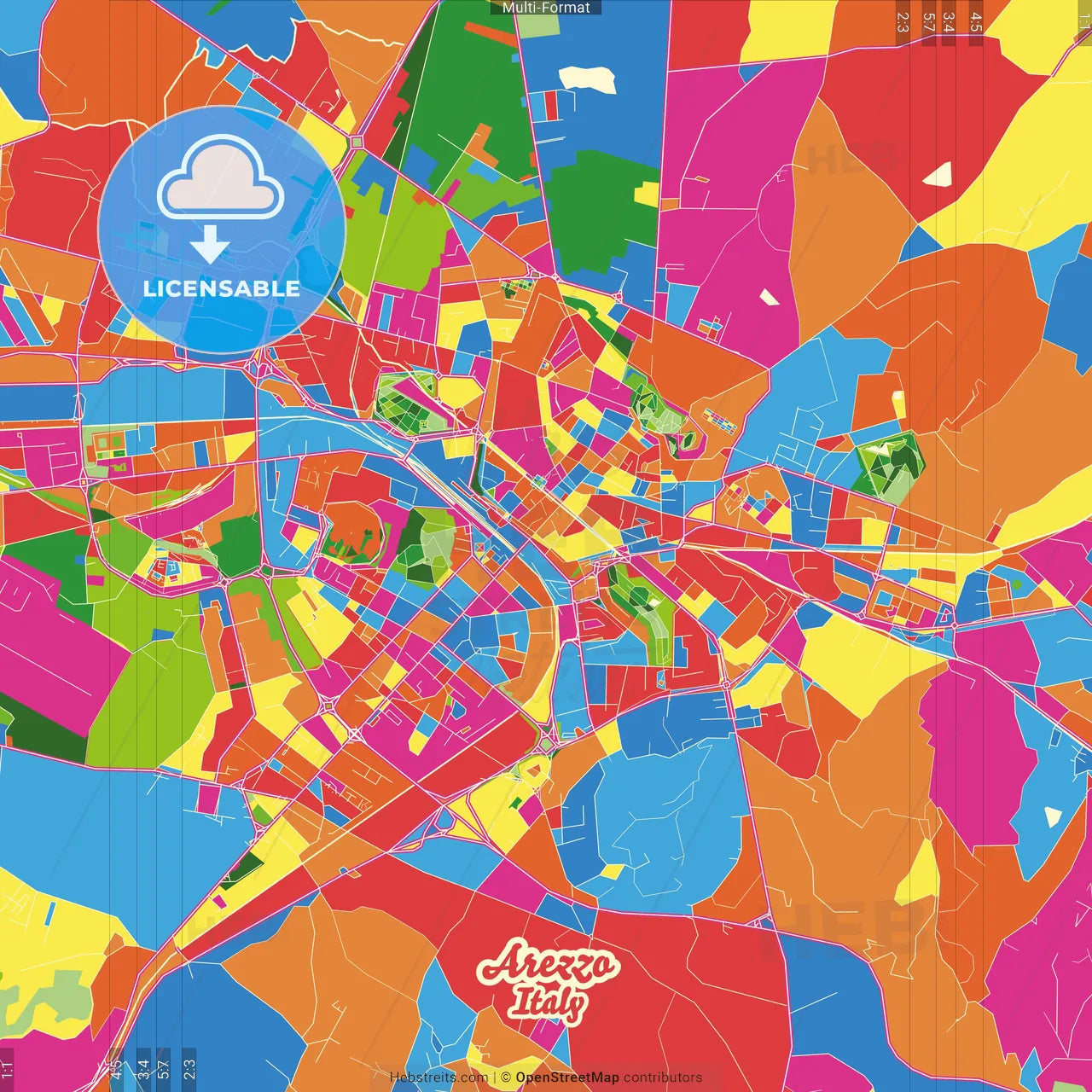 Arezzo, Tuscany, Italy Crazy Colorful Street Map Poster Template