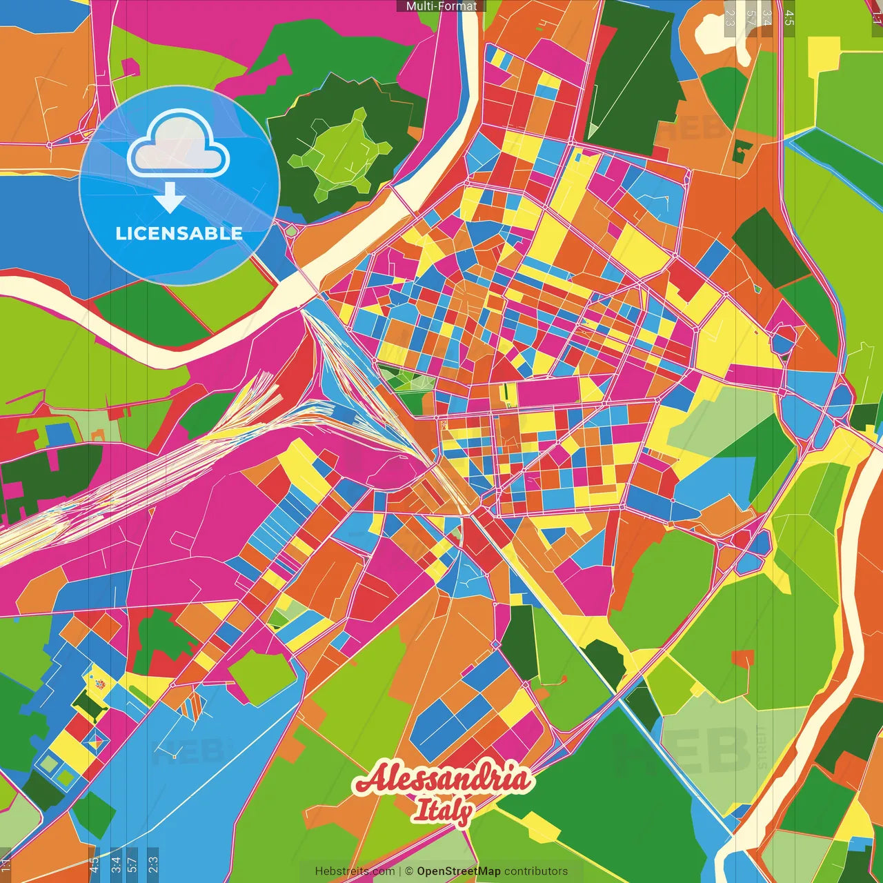 Alessandria, Piedmont, Italy Crazy Colorful Street Map Poster Template