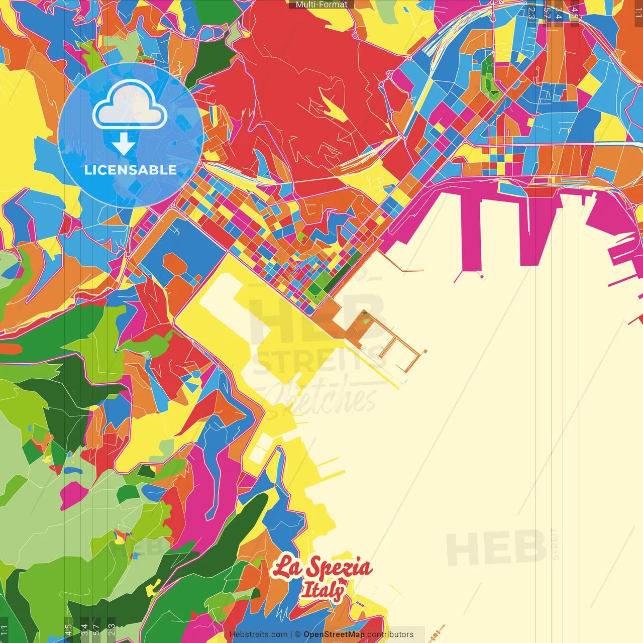 La Spezia, Liguria, Italy Crazy Colorful Street Map Poster Template