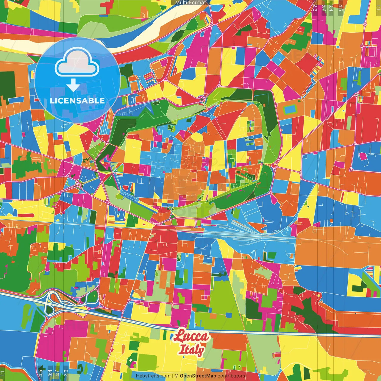 Lucca, Tuscany, Italy Crazy Colorful Street Map Poster Template