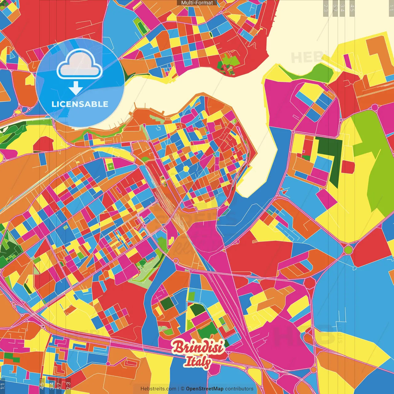 Brindisi, Apulia, Italy Crazy Colorful Street Map Poster Template