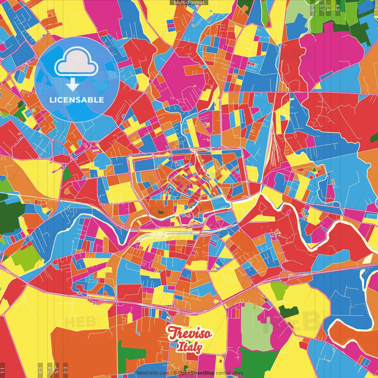 Treviso, Veneto, Italy Crazy Colorful Street Map Poster Template