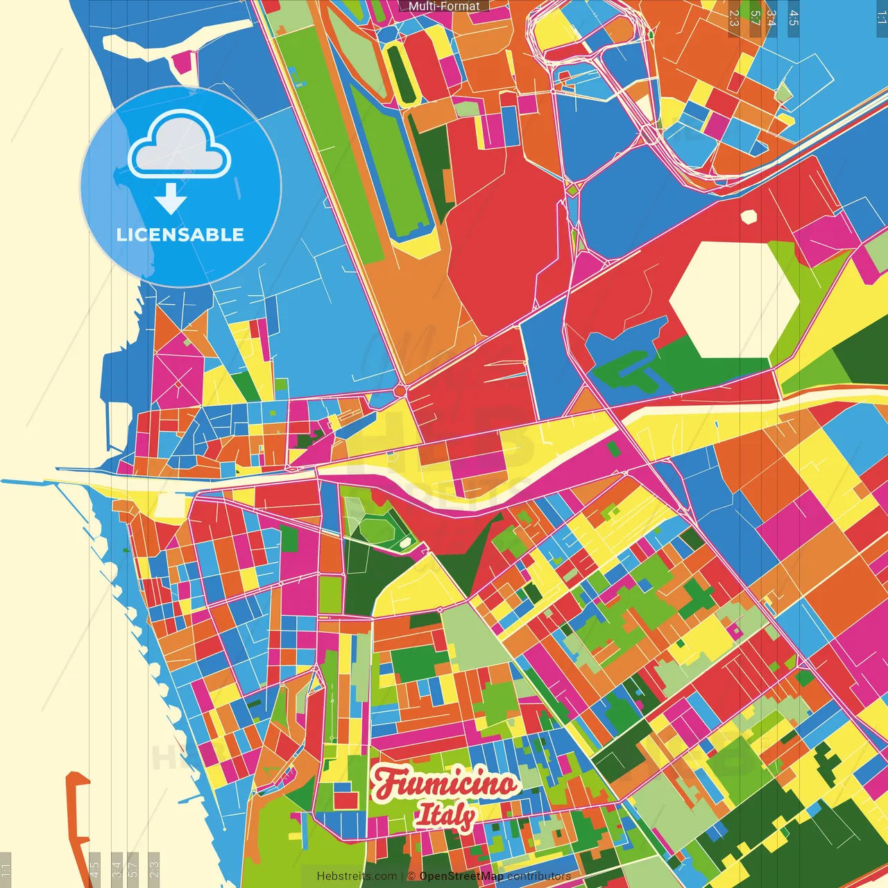 Fiumicino, Lazio, Italy Crazy Colorful Street Map Poster Template