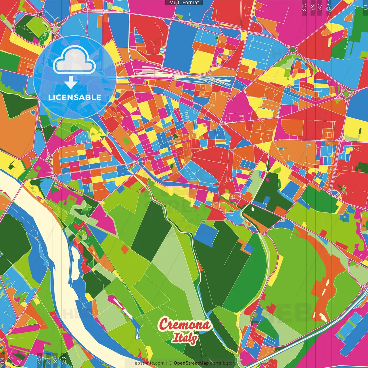 Cremona, Lombardy, Italy Crazy Colorful Street Map Poster Template