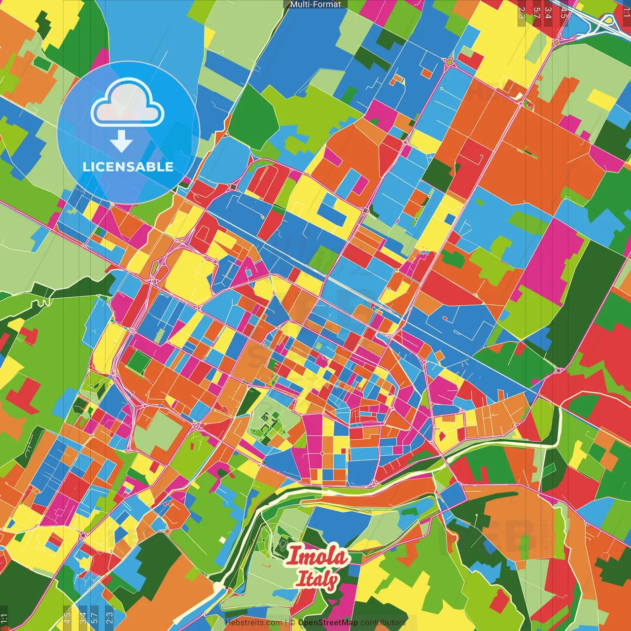 Imola, Emilia-Romagna, Italy Crazy Colorful Street Map Poster Template