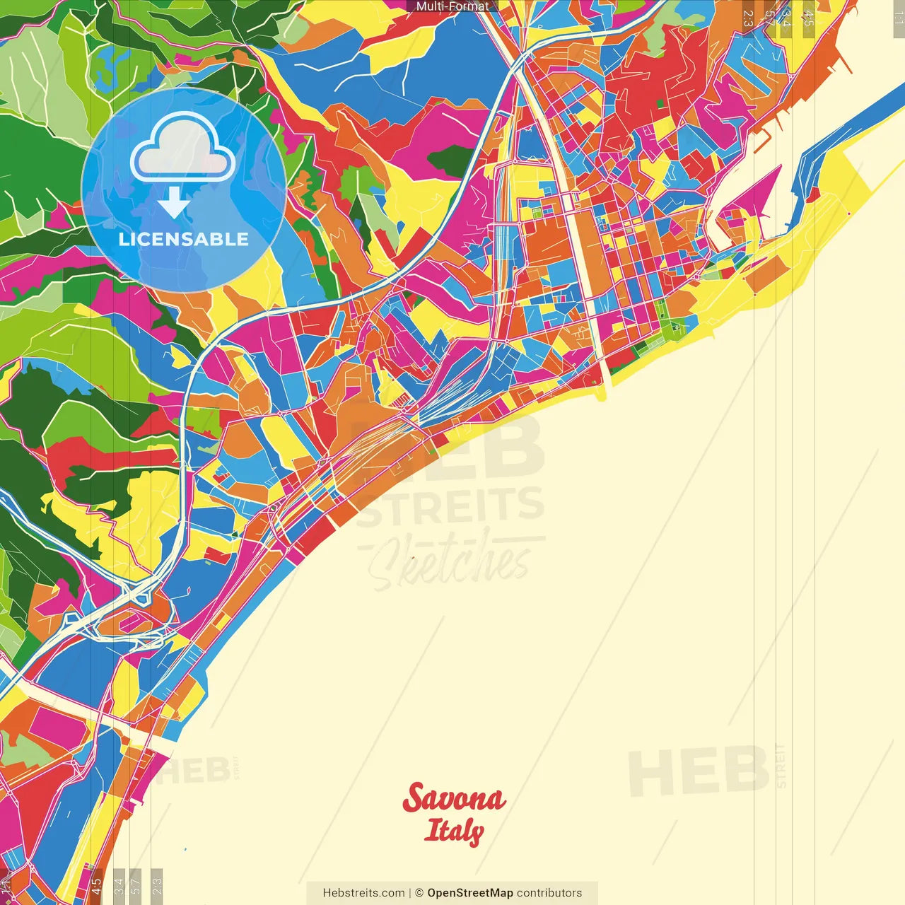 Savona, Liguria, Italy Crazy Colorful Street Map Poster Template