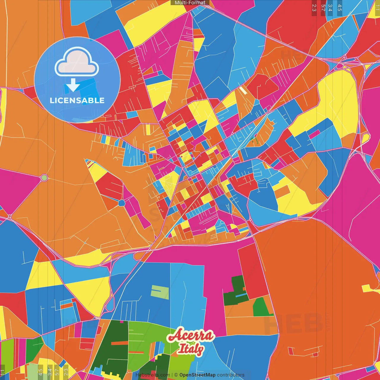 Acerra, Campania, Italy Crazy Colorful Street Map Poster Template