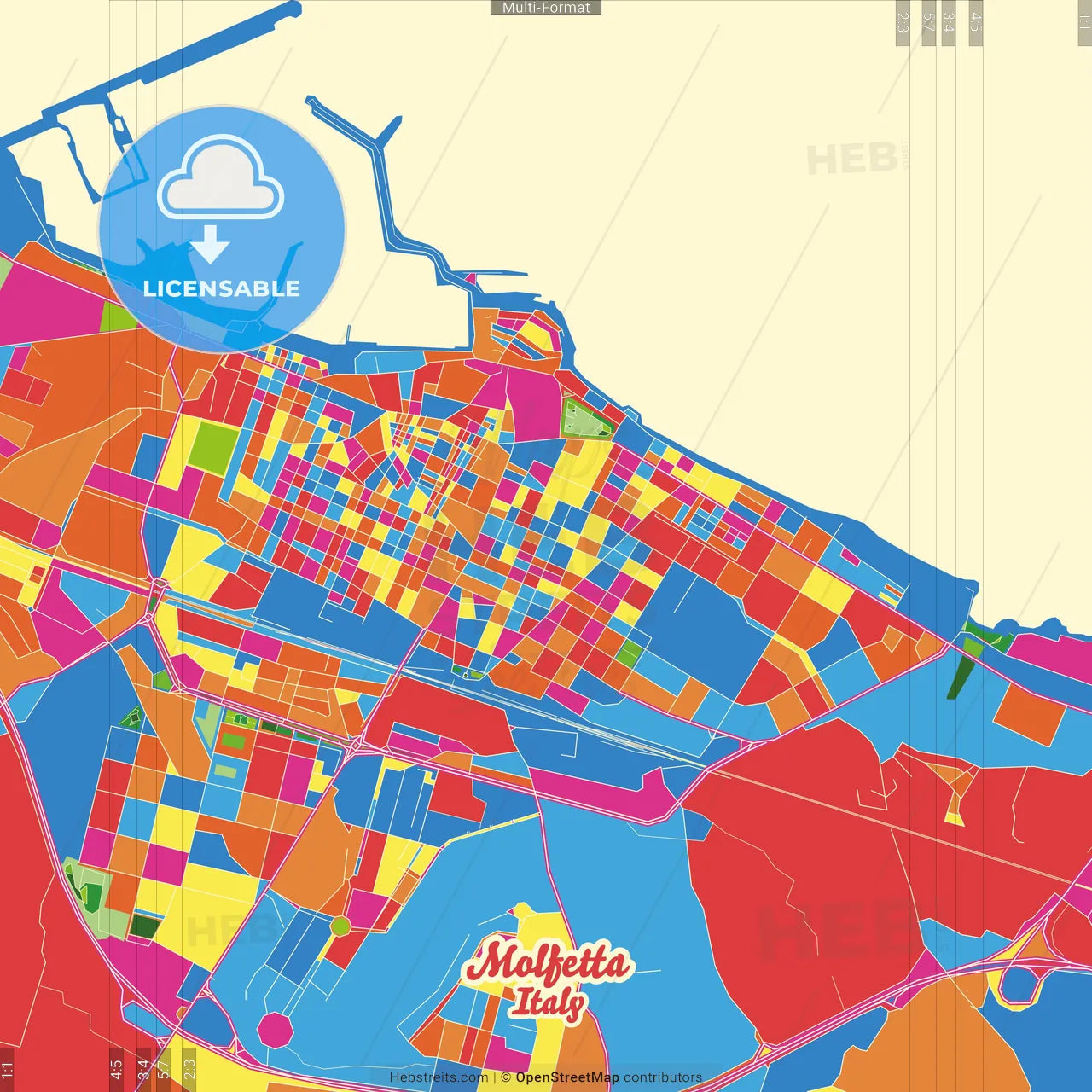 Molfetta, Apulia, Italy Crazy Colorful Street Map Poster Template
