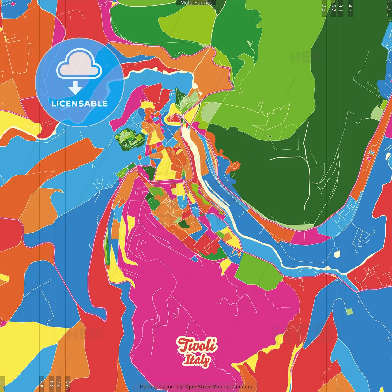 Tivoli, Lazio, Italy Crazy Colorful Street Map Poster Template