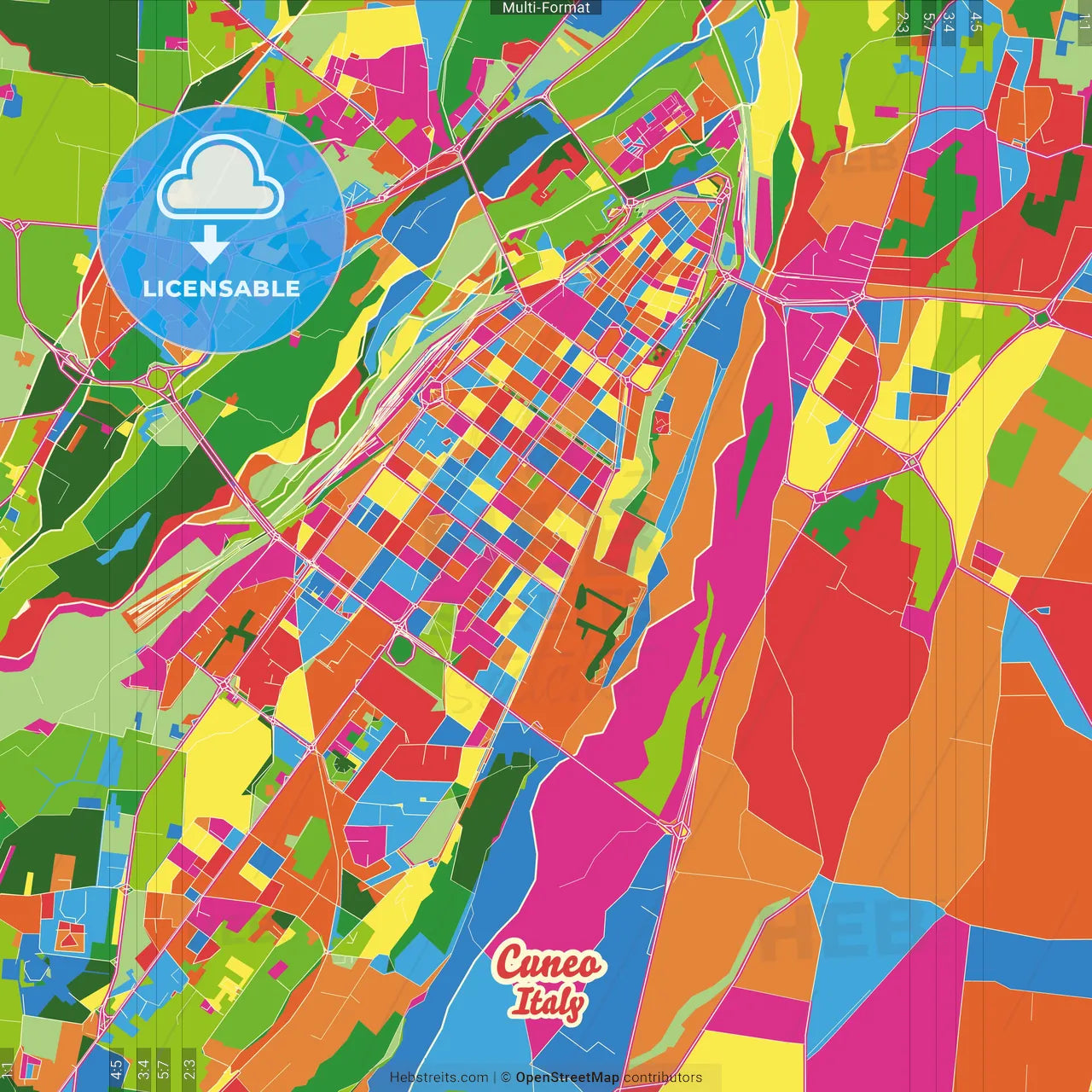 Cuneo, Piedmont, Italy Crazy Colorful Street Map Poster Template