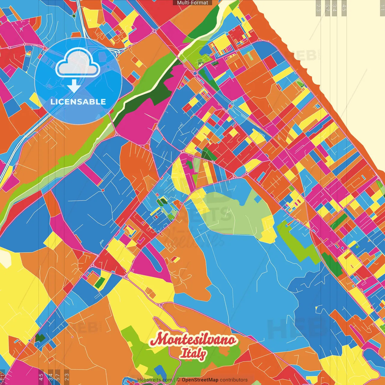 Montesilvano, Abruzzo, Italy Crazy Colorful Street Map Poster Template