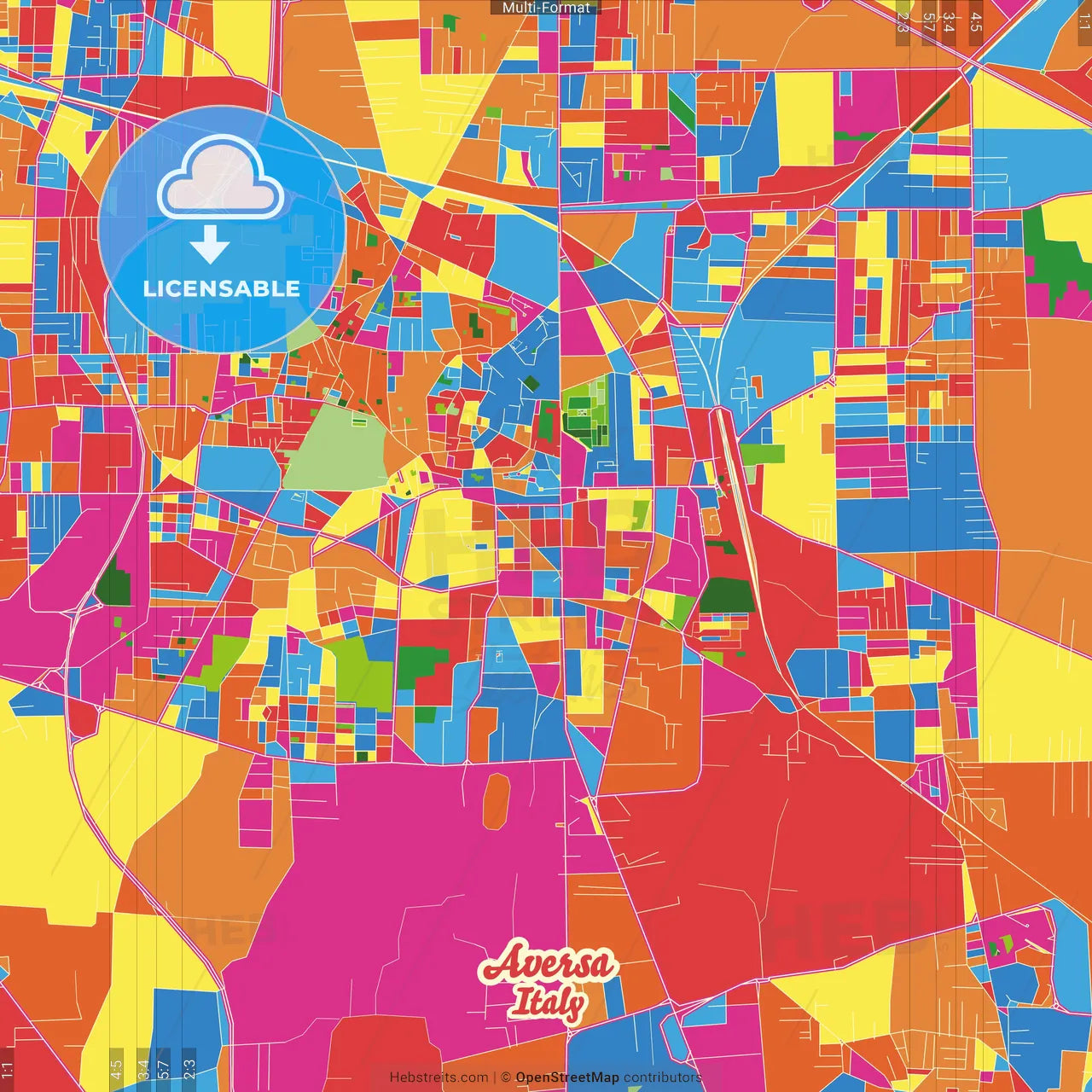 Aversa, Campania, Italy Crazy Colorful Street Map Poster Template