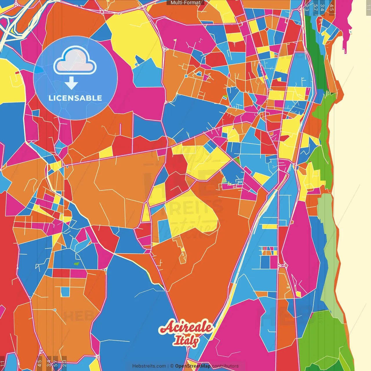 Acireale, Sicily, Italy Crazy Colorful Street Map Poster Template