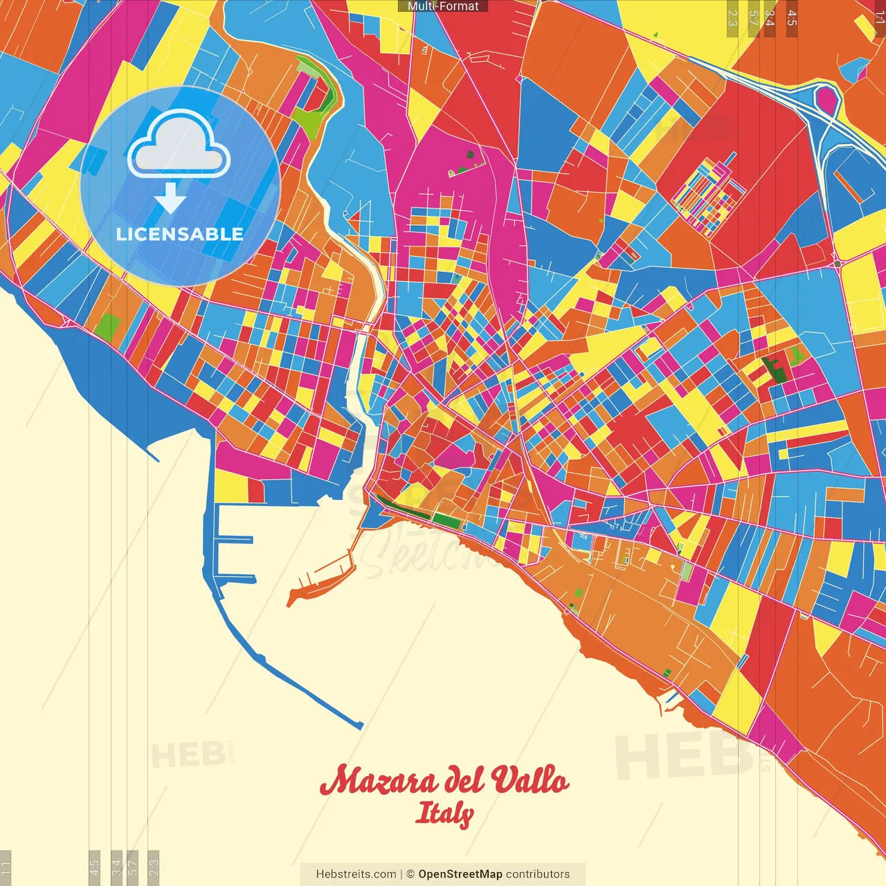 Mazara del Vallo, Sicily, Italy Crazy Colorful Street Map Poster Template