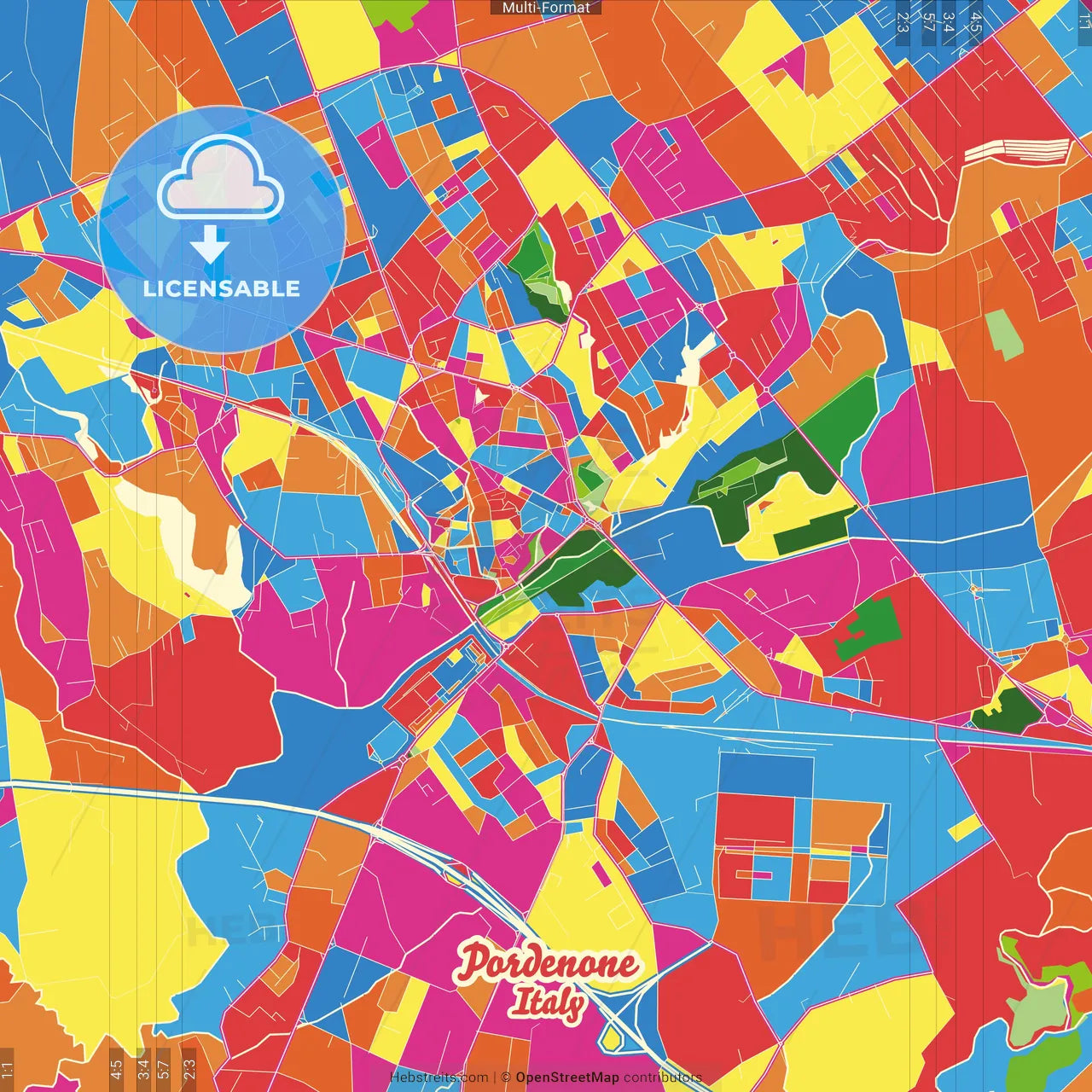 Pordenone, Friuli-Venezia Giulia, Italy Crazy Colorful Street Map Poster Template