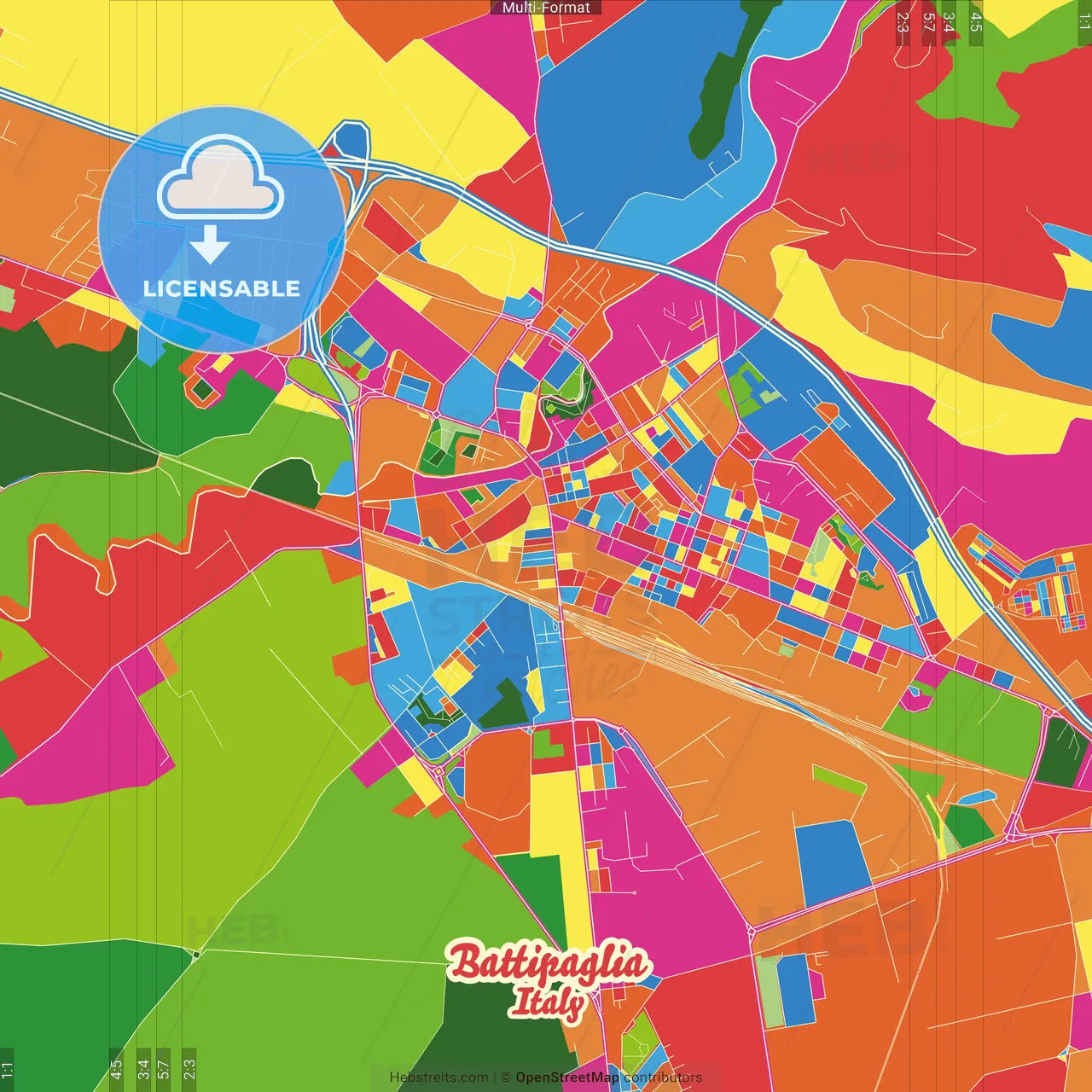 Battipaglia, Campania, Italy Crazy Colorful Street Map Poster Template