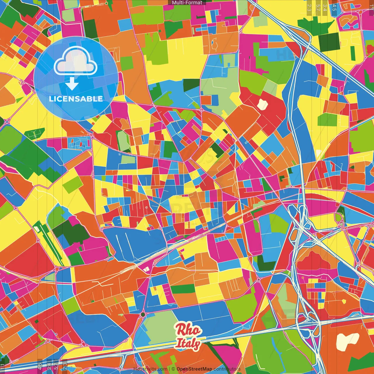 Rho, Lombardy, Italy Crazy Colorful Street Map Poster Template