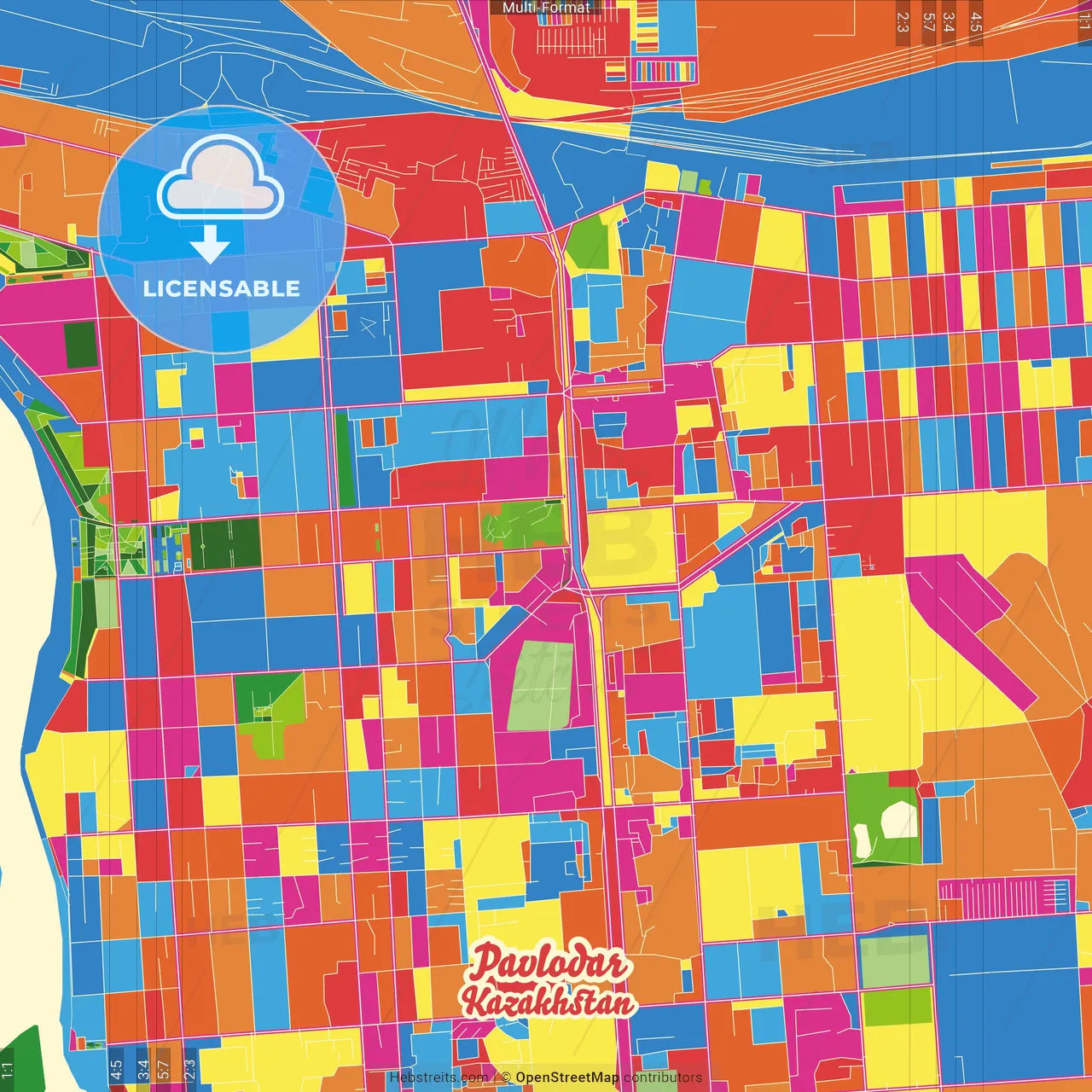 Pavlodar, Pavlodar Province, Kazakhstan Crazy Colorful Street Map Poster Template