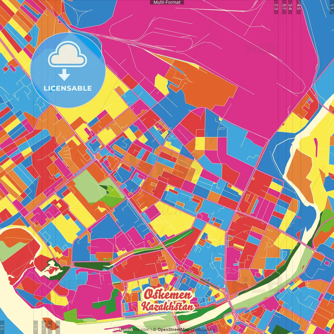 Oskemen, East Kazakhstan Region, Kazakhstan Crazy Colorful Street Map Poster Template