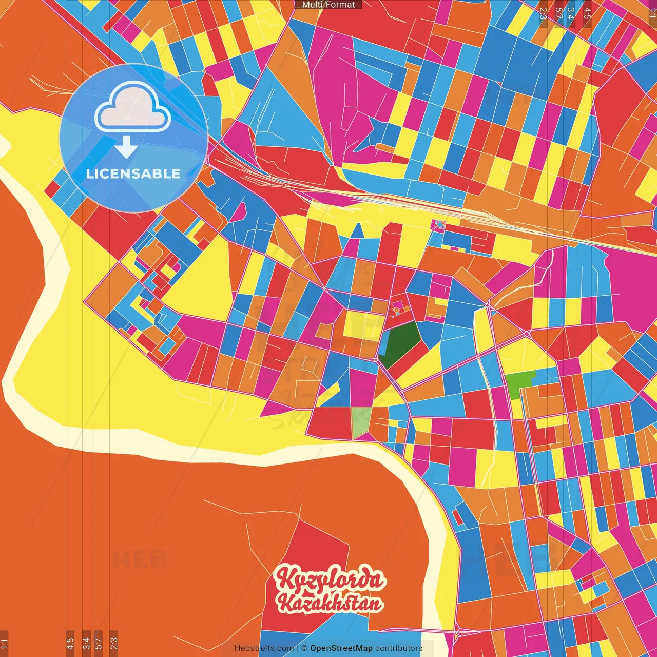Kyzylorda, Kyzylorda Province, Kazakhstan Crazy Colorful Street Map Poster Template